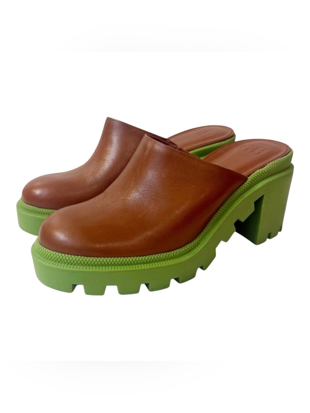 Gianni Bini End Game Leather Platform Mules Brown Green Sole 8.5
